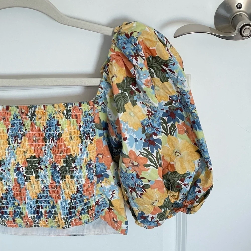 Abercrombie & Fitch Square Neck Ruched Puff Sleeve floral Top 35432